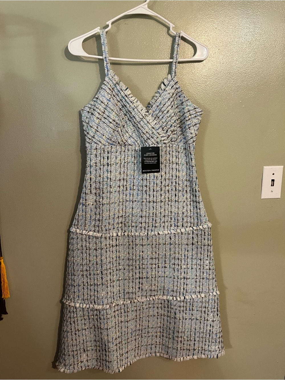 Light Blue Tweed Spaghetti-Strap Dress lined Preppy A Line Blue Midi 4 NWT